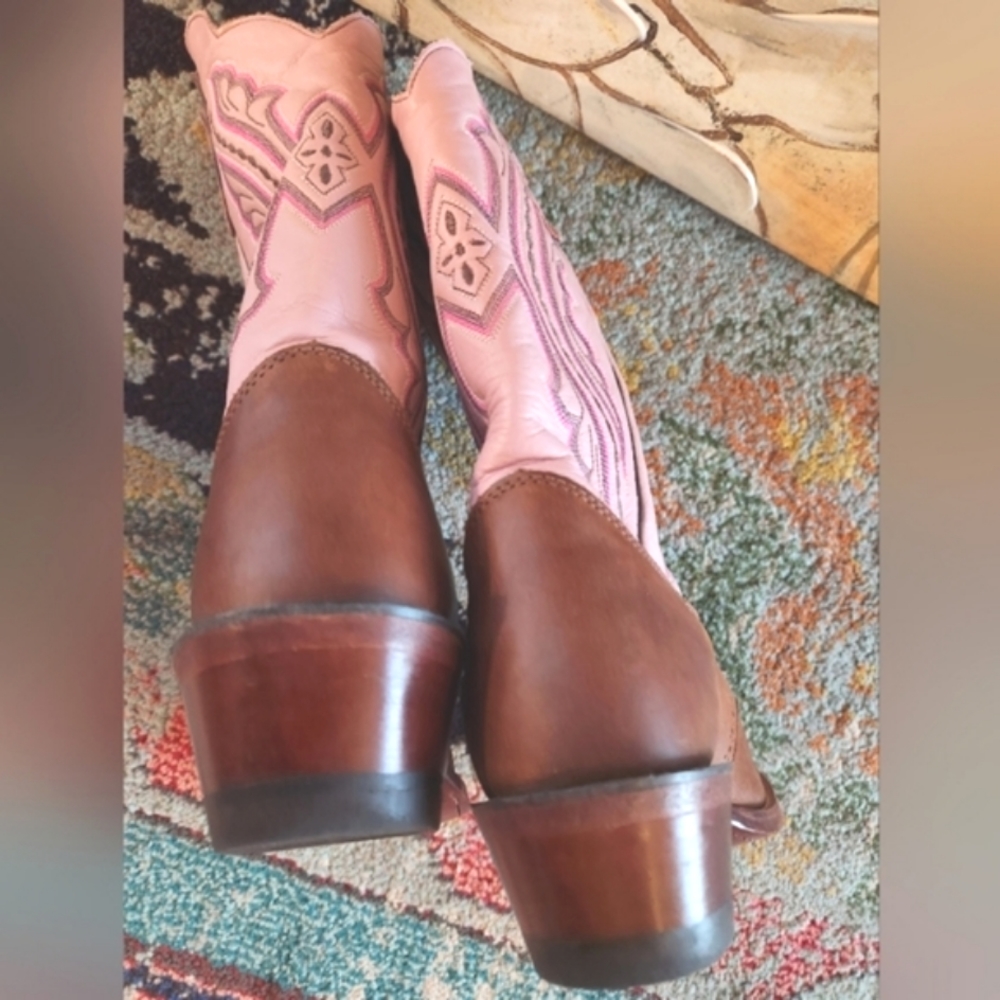 JUSTIN Punchy Pink Westerner Cowhide Foot COFFEE Leather Cowgirl Boots 8.5B EU C - Picture 6 of 16